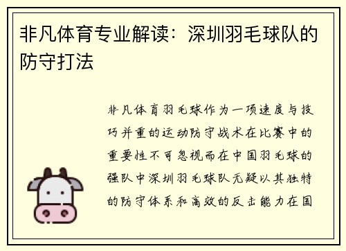 非凡体育专业解读：深圳羽毛球队的防守打法