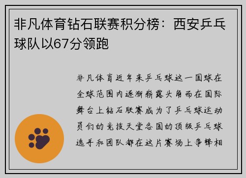 非凡体育钻石联赛积分榜：西安乒乓球队以67分领跑
