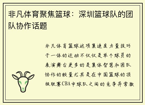 非凡体育聚焦篮球：深圳篮球队的团队协作话题