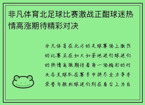 非凡体育北足球比赛激战正酣球迷热情高涨期待精彩对决