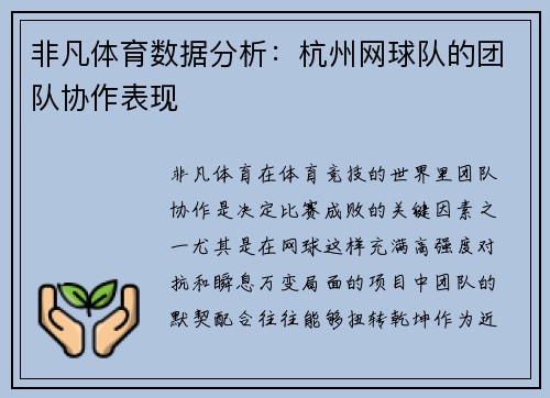 非凡体育数据分析：杭州网球队的团队协作表现