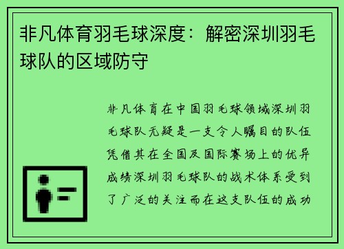 非凡体育羽毛球深度：解密深圳羽毛球队的区域防守