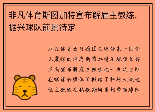 非凡体育斯图加特宣布解雇主教练，振兴球队前景待定