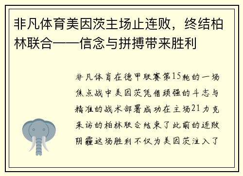 非凡体育美因茨主场止连败，终结柏林联合——信念与拼搏带来胜利